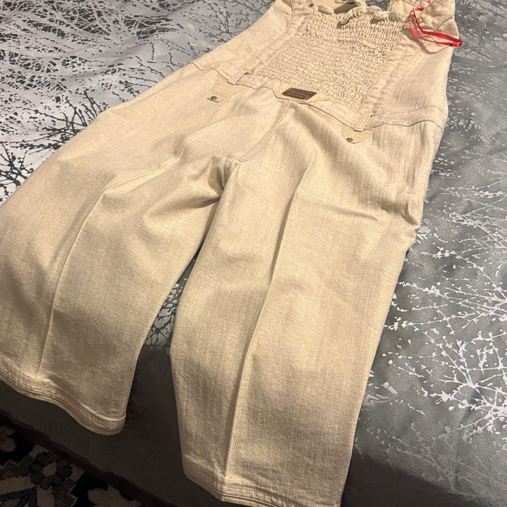 Beige Wide-Leg Denim Overalls - Picture 2 of 7